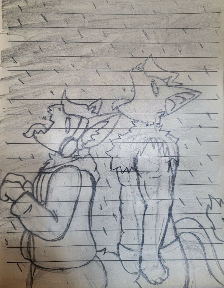 A protogen and a bat fox hybrid being silly goobers on the rain with their mouths open looking up
