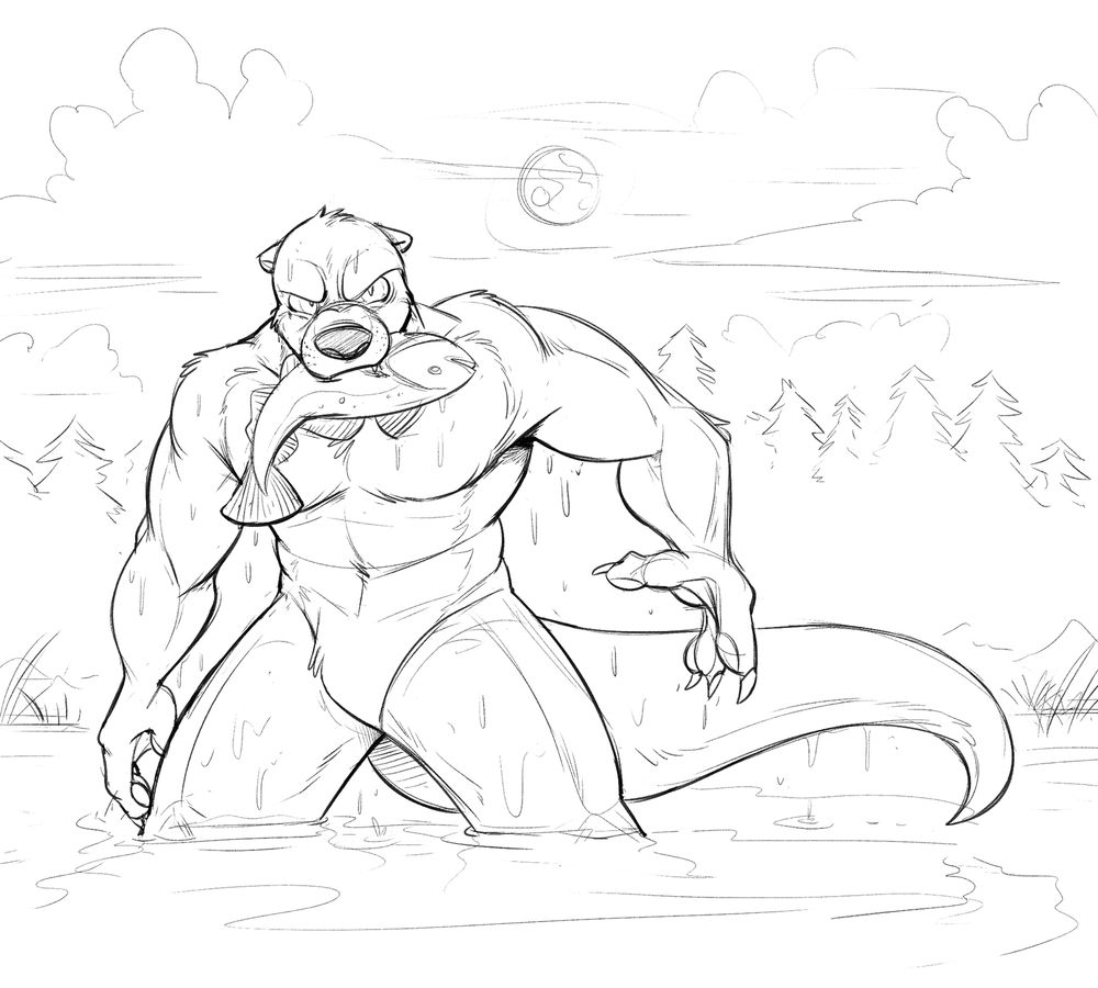 The drawing features a slightly more muscular version of Tem who is naked and is knee deep in a pond or lake. He is a "were" version of himself, like a werewolf, accept they're a wereotter. Water is dripping off their body and rippling on the surface next to their thighs as they give a fearsome, angry look to the viewer with a decent-sized cod sideways in their mouth. Their claws look longer, and their tail looks far more muscular as well. Behind them is a glowing full moon, which reflection.