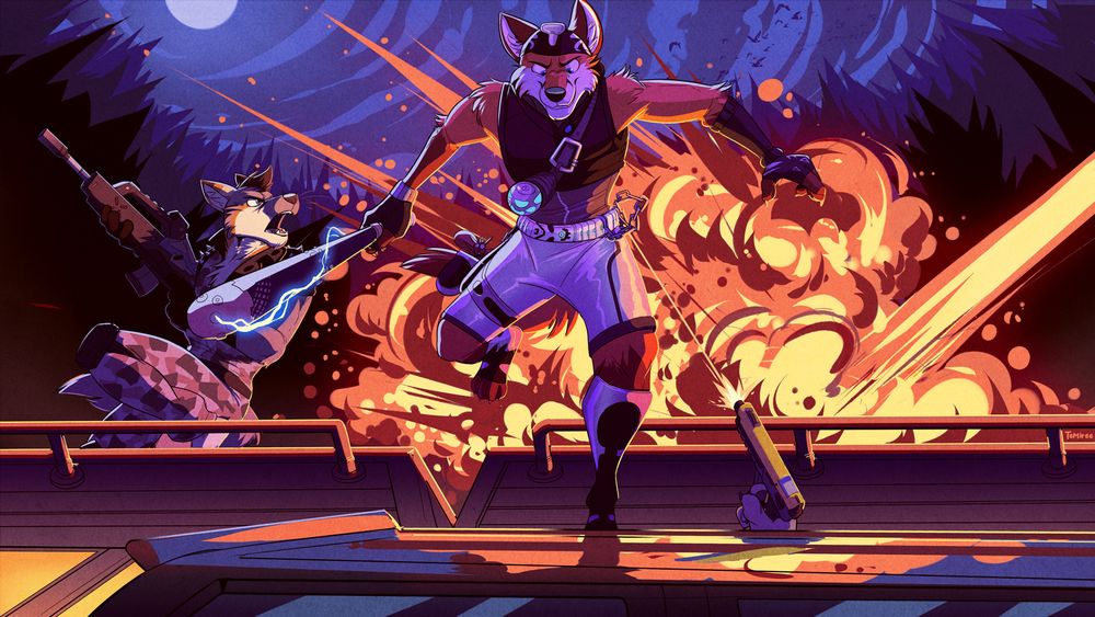 Scott, an anthropomorphic fox wearing Wendell's outfit from Fortnite, jumps from a moving train in the center of the image while an explosion erupts on the train behind him. He's wielding an electrified baseball bat as he jumps to an SUV driving alongside the train. A hand pushes out of a nearby window on the SUV holding a gold pistol, shooting at him and missing. The explosion on the train reflects off the roof of the glossy black SUV he's jumping to. Scott's friend, Audio, with grey-orange-white fur colors, is wearing Winter Warrior Fennix's outfit, as he crouches on a nearby car on the left side of the image. He's shouting and holding a Holo Twister AR, the light from the explosion illuminating his body brightly. Behind them is a cold night with layers of forest going up a mountainside. In the sky is a full moon, with clouds circling around it like a whirlpool, the curves of the clouds pushing back on the rest of the image.