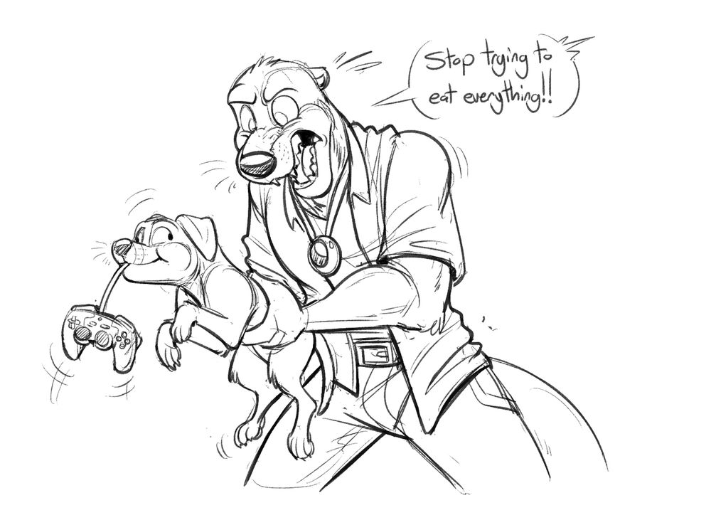 Tem, an anthropomorphic otter, is holding a puppy who has a video game controller hanging from it's mouth by it's cord, eaten by the puppy. Tem is angrily looking down on the puppy he's holding, shouting, "Stop trying to eat everything!!"