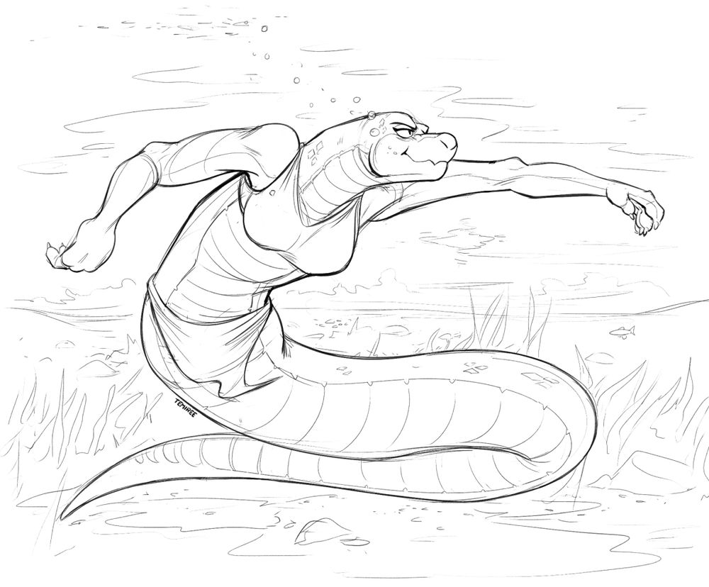 Demi, a female snake character with a human torso and snake body, wearing a bra and loincloth, confidently swims underwater with a look of confidence and her snake body coiled behind her.