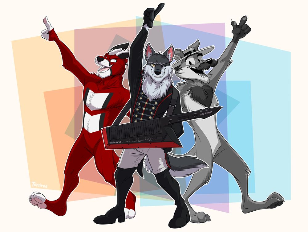 Pom, an anthropomorphic red puma-dragon hybrid, Chrono, an anthropomorphic wolf with gloves, jacket, white pants, and knee-high shoes holding a keytar, and Charlie Tinn, a black-and-white era anthropomorphic cartoon dog, point to the sky and look at each other and the viewer as they perform. They look happy and confident as Chrono winks at the viewer.