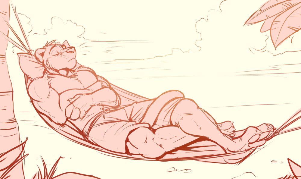 Shadow, a muscular, black anthropomorphic panther wearing swim shorts, relaxes in a hammock with a pillow behind his head. He has his arms folded over his muscular chest, and his feet are crossed as they push into the hammock fabric. He's resting between two palm trees, with a sunset on the beach behind him.