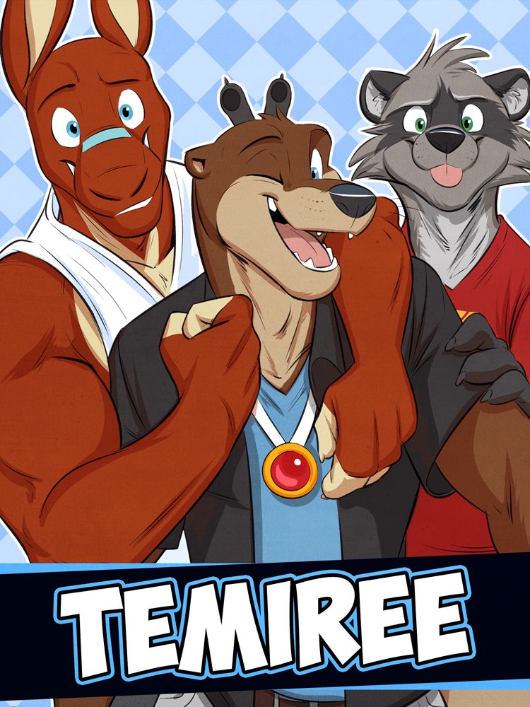 Tem (an anthro otter with a black overshirt, blue undershirt, round medallion with a ruby in the middle, and light colored pants) winks at the camera as he poses for a picture. Behind him is Nes (a tall and muscular anthro kangaroo in a white tank top and dark grey shorts with a blue nose strip over the top of his snout) grinning as he has one arm over Tem, and the other gesturing up as though playfully punching Tem, and Ryan (an anthro raccoon in a red t-shirt with a yellow graphic on the front and tan pants) blepping with a playful smile as he holds onto Tem's arm with one hand and gives him bunny ears with the other. The image overall has a vibe of friends posing playfully for a group selfie. At the bottom is TEMIREE in bold, cartoony lettering, with a teal stroke, placed over a crooked black banner.
