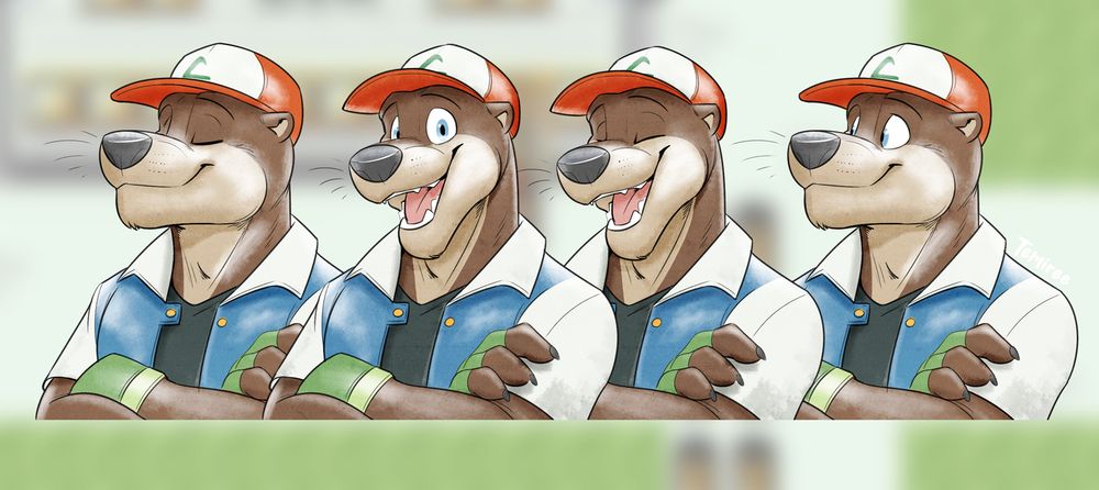 Tem, an anthropomorphic otter in Ash Ketchum's clothing, is colored in the style of Ken Sugimori's original Pokemon art (watercolors). There are four different poses, quiet and talking, and blinking versions for both.