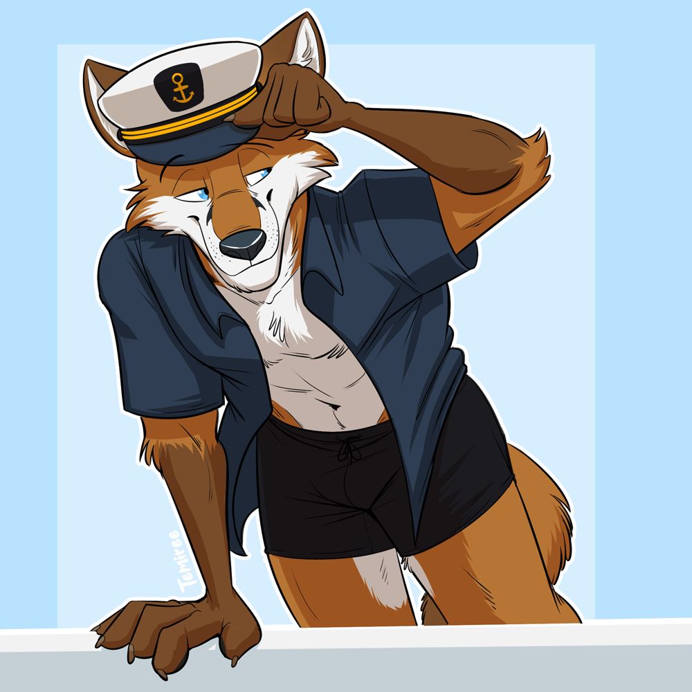 Scott, an anthropomorphic fox, leans on the edge of the boat as he adjusts the captain's hat on his head. He's wearing a blue, open shirt over an otherwise shirtless torso, and tight, black, swimshorts.