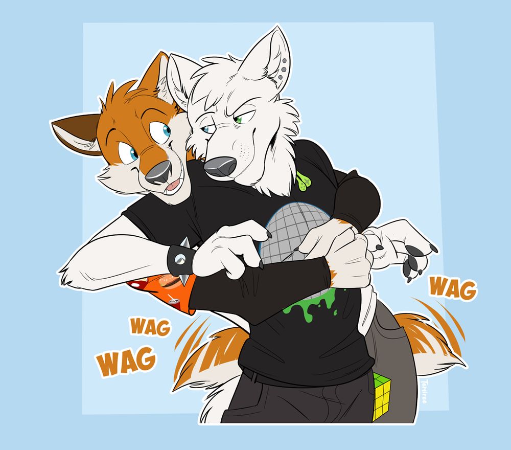 Stanley, an orange wolf, happily hugs Wilson, his white wolf cousin, from behind. He leans over his shoulder with abig smile while Stanley looks back with a playfully annoyed smirk. Stanley rapidly wags his tail, appearing on other side of his body. Wilson is wearing dark clothes (t-shirt and pants), while Stanley is more brightly dressed with an orange and white t-shirt and grey shorts.