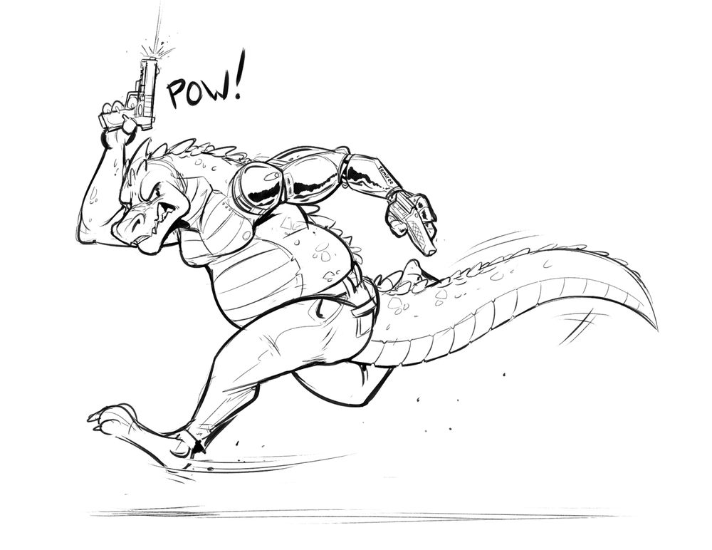 A shirtless and chubby gator with jeans grimaces angrily as he runs, holding a rectangle locator in one hand as he shoots a pistol into the air with the other. With him looking behind him, it looks as though it's a warning shot to tell everyone to leave him alone as he flees the scene. The arm holding the locator is entirely metal, indicating that this gator is a cyborg.
