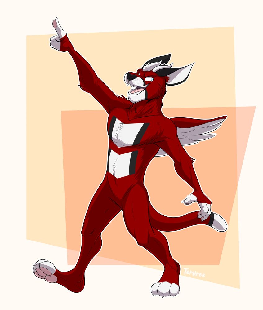 PomPumaDragon, also known as Pom, is an anthropomorphic puma-dragon with red fur, black and white markings, small wings, a tuft of white hair, and horns. He's smiling widely with an open mouth as he points to the sky, walking forward. It's implied this is a pose from him performing.