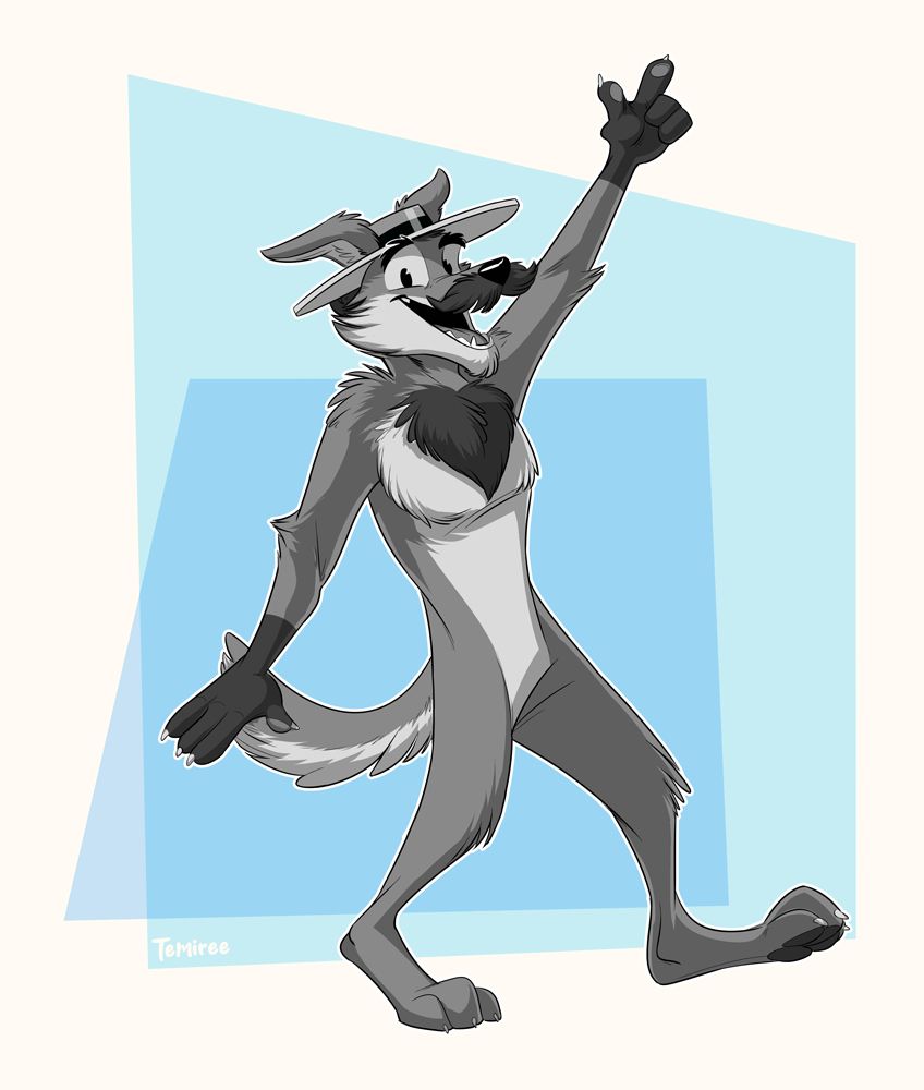 Charlie Tinn, a black and white cartoon dog with a hat and moustache, is pointing at the sky and taking a big step while he performs with a big smile, looking at the viewer.