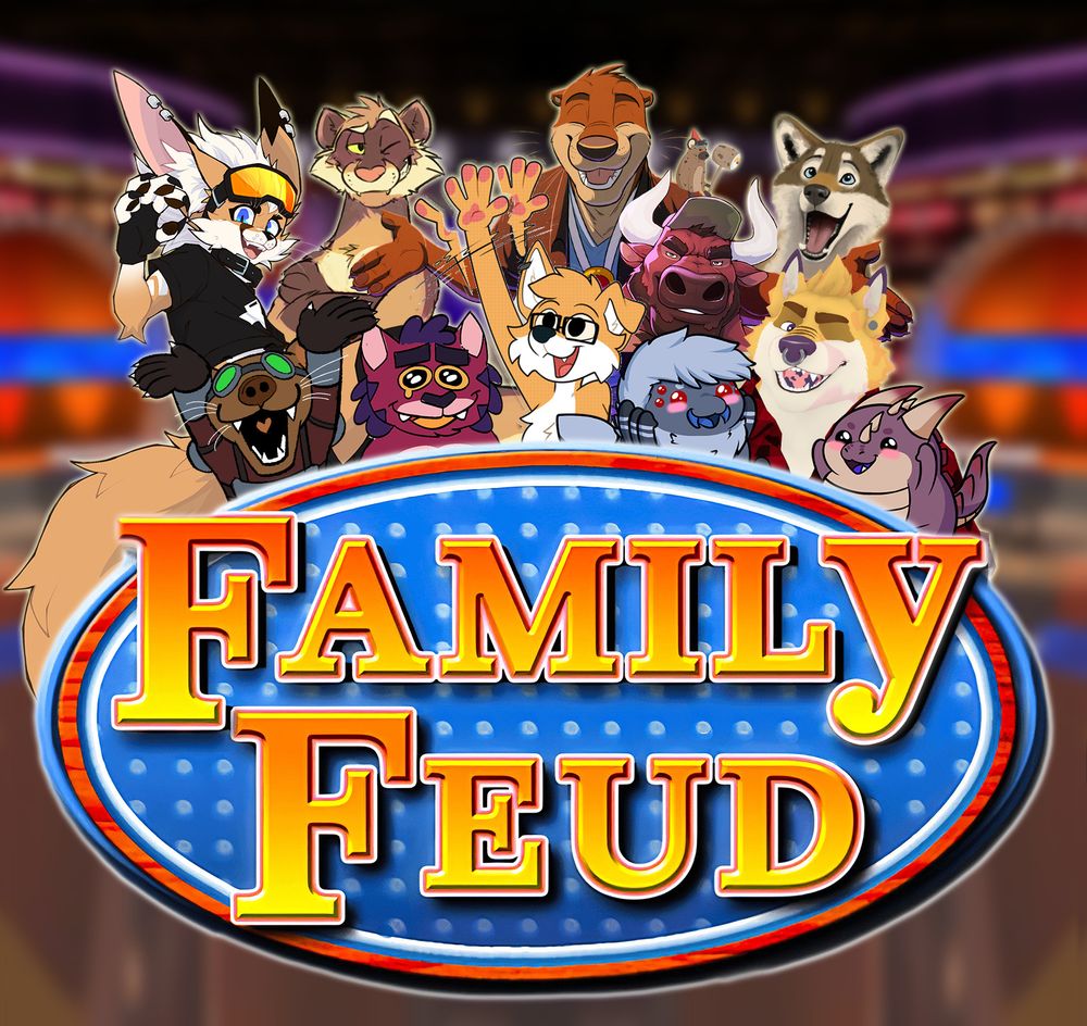Family Feud logo featuring BeefCougar, CAAARRRRLL, Crudberry, Djano, Jall, KTqtpi, MerleKoz, RazFerret, Skaifox, and SpaceKyprite, who will be playing in the stream!