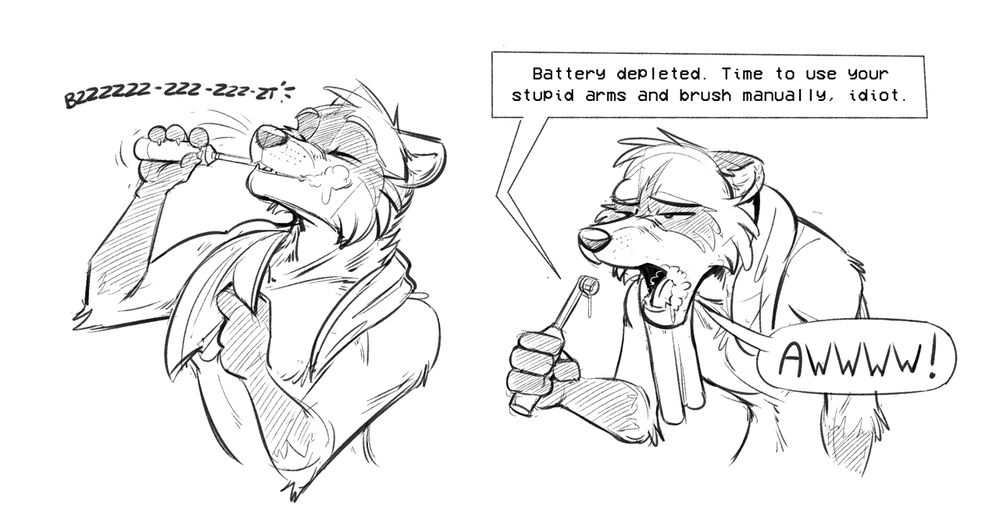 Ryan the raccoon is shirtless and brushing his teeth with a towel around his neck, presumably after taking a shower. He's using an automatic toothbrush, which buzzes intermitently and then stops. In the next panel, it vocalizes, "Battery depleted. Time to use your stupid arms and brush manually, idiot." Ryan looks disappointed, with a big, expressive "AWWWW!"