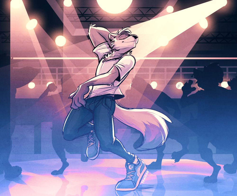 TecZorroso, an anthro pine marten wearing a white t-shirt, dark jeans, and sneakers, dances in the middle of a brightly lit dance floor, illuminated by moving golden spotlights. Around him are silhouettes of other dancers. The bottom half of the image is a light blue fog providing contrast to the otherwise gold-brown color palette. Tec has a confident look on his face, with his eyes closed as he gets lost in the music, his tail swishing behind him. The camera is slightly below him, looking up at him and the lights above.