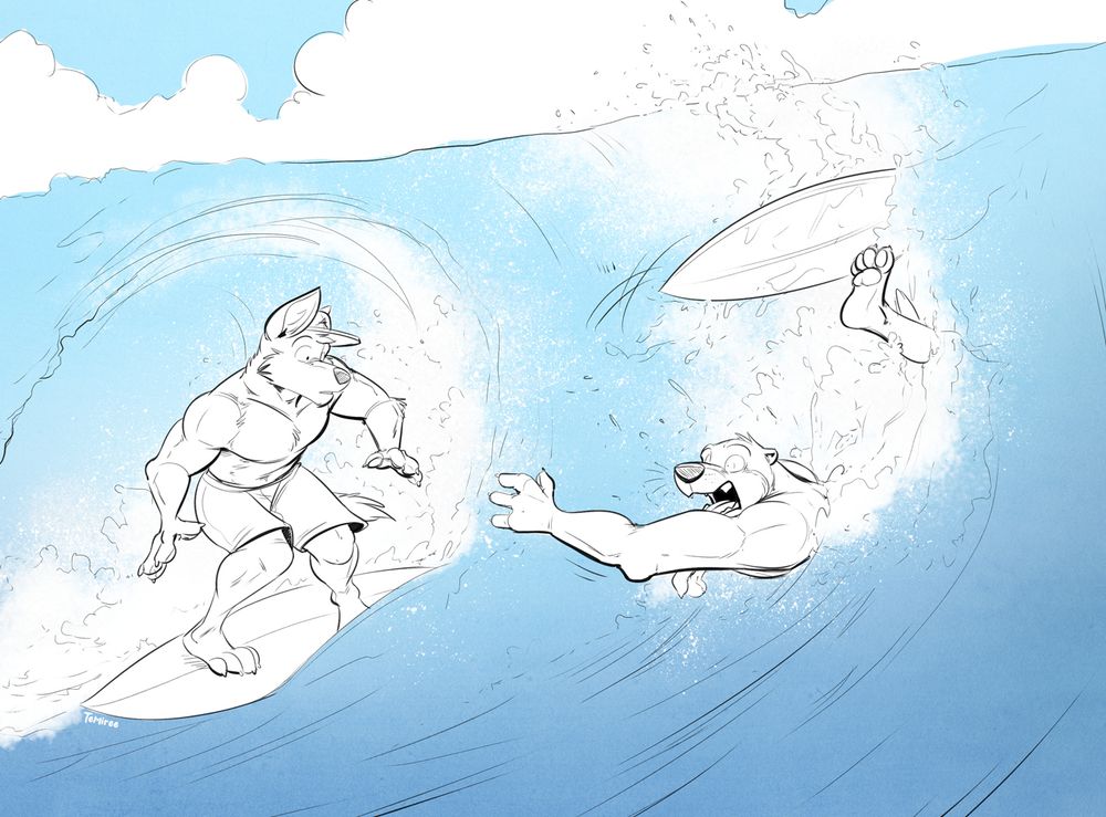 Temiree, an anthropomorphic otter, wipes out while surfing with Cobalt, an anthropomorphic wolf in a baseball cap and swim shorts. Tem reaches out in a panic as he plummets into the wave, with Cobalt looking back with surprise.