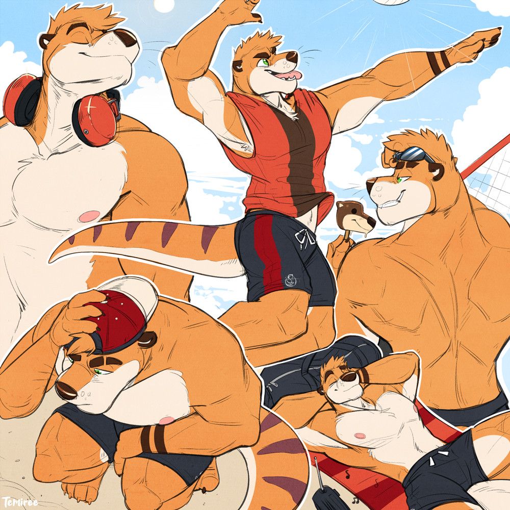A sketch page featuring five different drawings of Zeke, a muscular anthropomorphic otter that is mostly shirts and wearing shorts, but also sometimes a tank top and/or a backwards baseball cap. The five drawings are: an upwards shot of Zeke enjoying a breeze with headphones around his neck; an action shot of Zeke about to spike a volleyball that's up in the air just above him; Zeke raising his sunglasses in grinning as he looks in the distance, while also holding a popsicle that looks like Tem's head from the side; a downward perspective shot of Zeke crouched on the beach and looking down in thought as he holds his hat on his head; and finally, a downwards shot of Zeke relaxing on a towel on a beach, smiling with his eyes closed, as he rests his head on a gym bag with a portable radio playing music beside him.