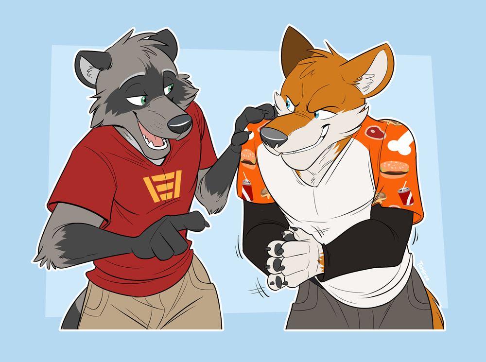 Ryan, an anthropomorphic raccoon in a red t-shirt and tan shorts, has a paw on Stanley's shoulder, an orange wolf with an orange and white t-shirt, long black sleeves, and grey shorts. Ryan is pointing somewhere as he seems to be telling Stanley a plan. Stanley is scheming as he rubs his paws together with a devilish grin on his face. I wonder what they're up to...?