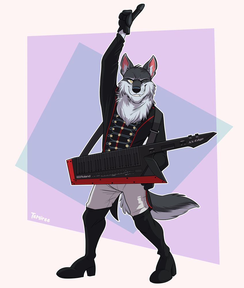 Chrono, an anthropomorphic wolf with a jacket, knee-high shoes, white pants, and gloves, points to the sky as he looks at the viewer with a grin and a wink. His signature keytar hangs over his shoulder. The character has a sexy, cool vibe to him.