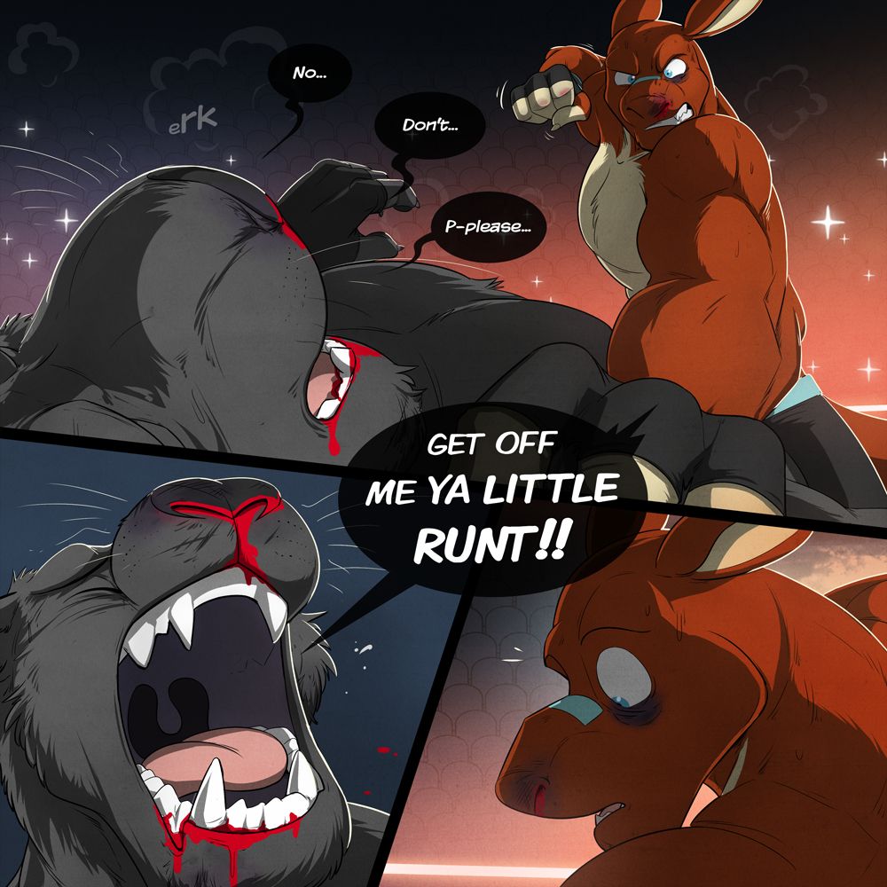 The image features a page from Little Runt, a webcomic by Temiree. In the scene, Nes (an anthropomorphic kangaroo, wearing black shorts and gloves with teal accents) has been fighting in a fighting ring with glowing ropes with Shadow (an anthropomorphic black panther, with darker black shorts and gloves, and in this case, glowing blue eyes). Nes has delivered multiple hard punches, causing Shadow to fall backward onto the blue mat, nearly knocked out. In the first panel, Nes is on top of Shadow, looming over him with an angry grimace and a first up. Both Shadow and Nes are bleeding and bruised, with Nes having a black eye on his left eye, sweart accumulating on their bodies. Nes has one paw up weakly, saying, "No... don't... p-please..." as he begs for mercy. Nes has him pinned down with his other arm. Suddenly in the next panel. Shadow screams with a vulnerable, sad expression on his face, "GET OFF ME YA LITTLE RUNT!!" This sudden turn causes Nes to stop in his tracks, with a moment of realization. In the background behind him, storm clouds are barely visible, indicating a scene transition that is about to happen.