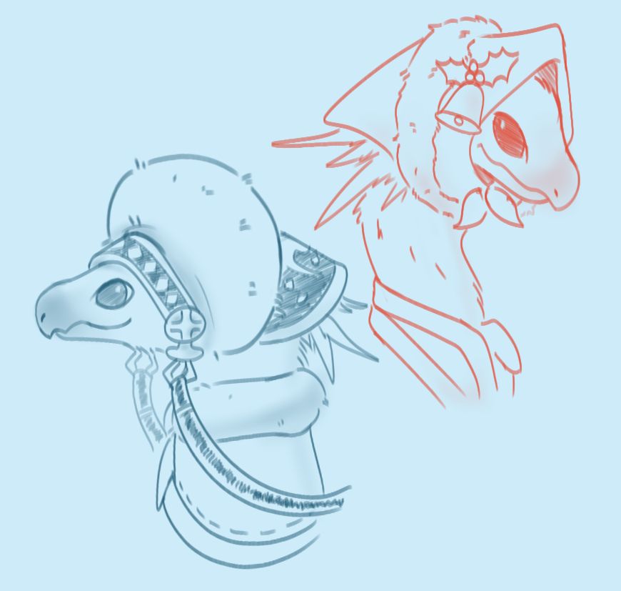 Headshot sketch drawing of 2 chocobos with different styled hoods