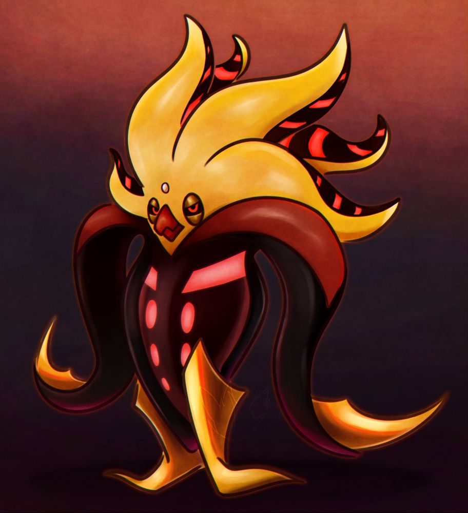Artwork of a recolored Malamar with black, red and yellow/gold colors. 