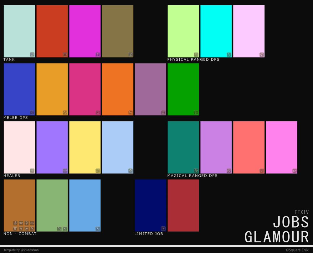 A simplistic template with a black background for FFXIV Job Glamour, with colored rectangular frames for each job and their respective job icon by the bottom right. Crafters and Miner/Botanist are combined together. Beastmaster lacks a job icon.
