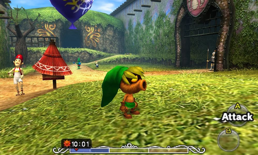 A screenshot of The Legend of Zelda: Majora’s Mask 3D, a remake of the original game that released over 20 years prior. The screenshot shows the protagonist Link in his Deku form (a wooden bipedal creature with a round mouth-like snout and sad, glowing eyes) as he stands in North Clock Town. 

The location is mostly soft dirt paths, grass and overgrowth along the high walls that frame the area. A single tree stands in the background, next to a gentle incline that leads to a decorated cave.

To the left of Link is a postman and postbox, and in the distance is a child is trying to pop a balloon with a blow gun, stood near an unusual but friendly map salesman. And to the right is a guard, standing by an exit that leads to the fields of Termina (the world the game takes place in).
