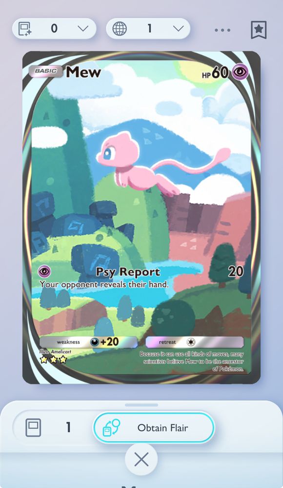 The animated Mew card you obtain for having one of each of the original 151 Pokémon in the Pokémon Card Game Pocket.