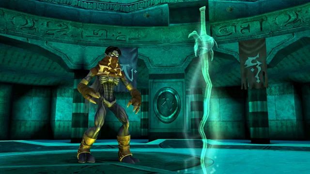 The scene depicts Raziel, a vampire-turned wraith, stripped of his mortality and hell bent on killing his brothers and his master Kain as he stands before the spectral, translucent Soul Reaver, a twisted sword.