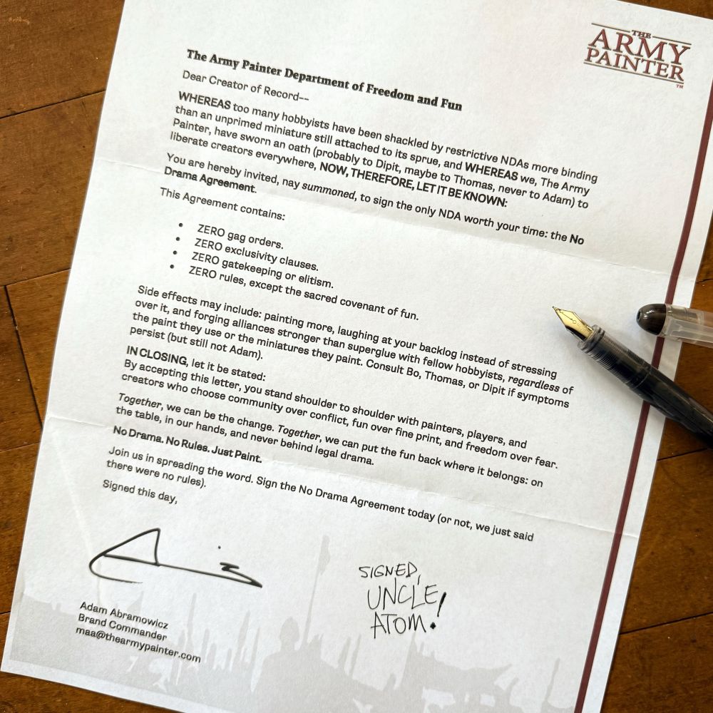 The Army Painter NDA (No Drama Agreement) signed by Uncle Atom