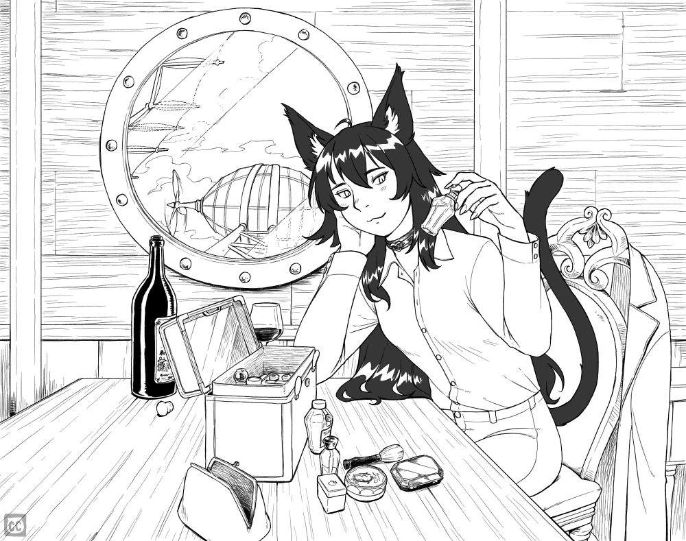 A cat person sitting at a desk. They are androgynous with a button up shirt and long dark hair. On the table is a box with various cosmetics sitting outside of it, along with a bottle and glass of wine. There is a port hole on the wall showing part of the airships this room is in, along with a sea of endless sky.