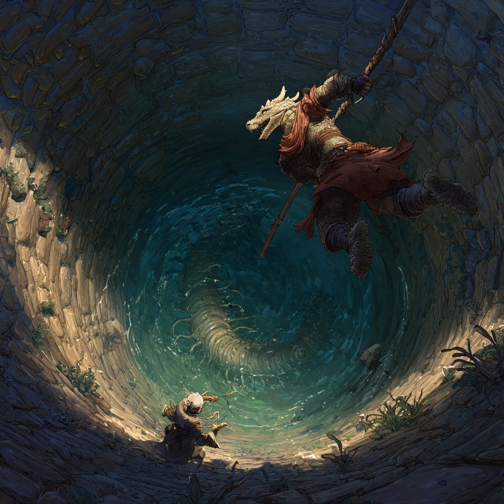 AI-generated fantasy art of a Dragonborn paladin jumping down a well with a javelin in hand to save a human wizard who is trying to climb away from a giant centipede crawling just beneath the water's surface.