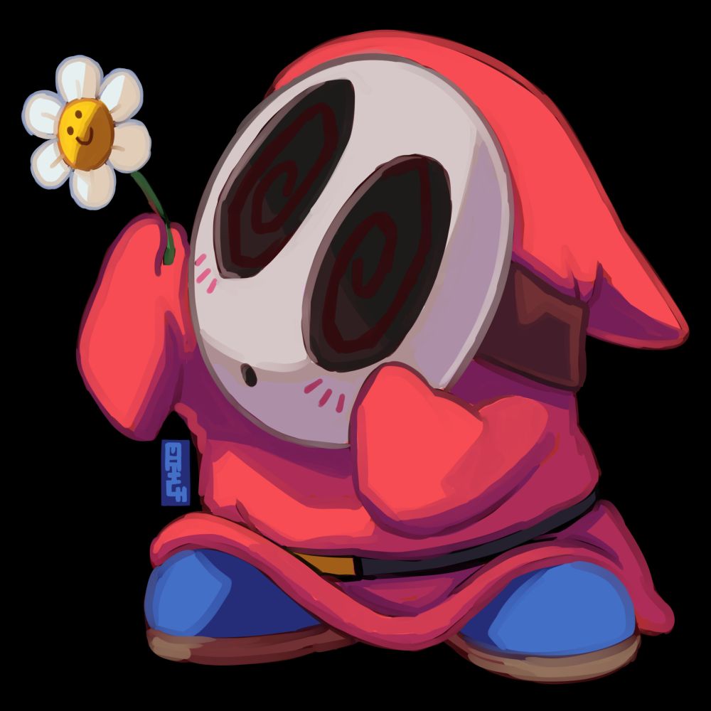 A red shyguy from the Mario franchise holding a smiling flower.