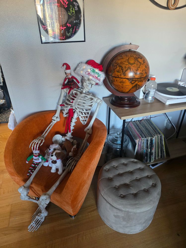 A plastic skeleton wearing a Christmas hat, with several elves from The Elf on the Shelf series climbing happily on him. He might be smiling, it's hard to tell with skeletons