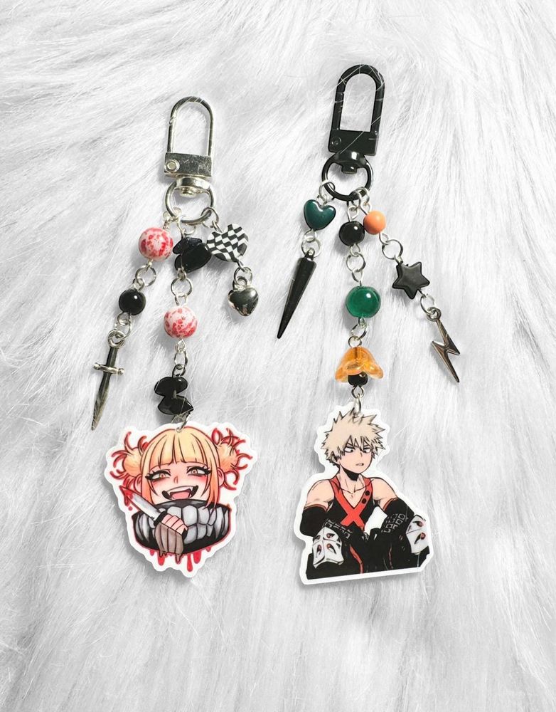 Handmade keychains of My Hero Academia characters with beads and charms (Bakugo and Toga)
