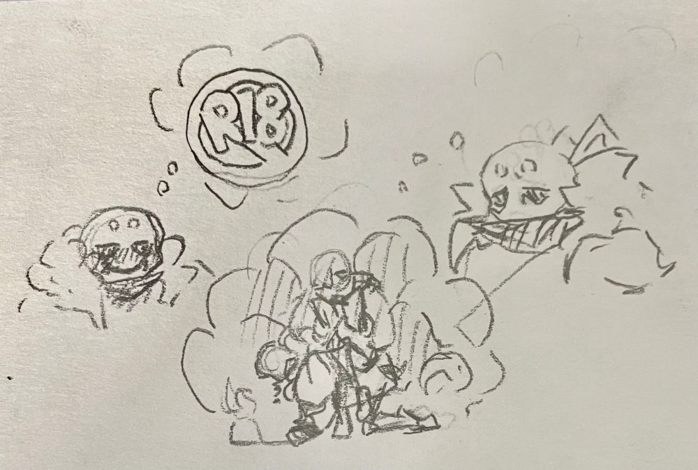 Killer, imagining his time as being NM’s throne, with an R18 bubble over the thoughts, while Cross imagines NM sitting atop a miserable killer 