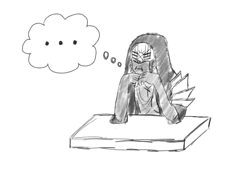 a silly pencil illustration of vessel from sleep token sitting at a table deep in thought
