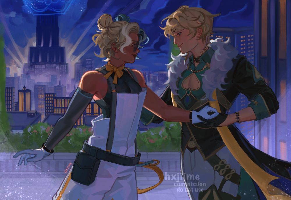 Commissioned fanart of aventurine from honkai star rail (right) and their OC (left) ! oc x canon, yumeship