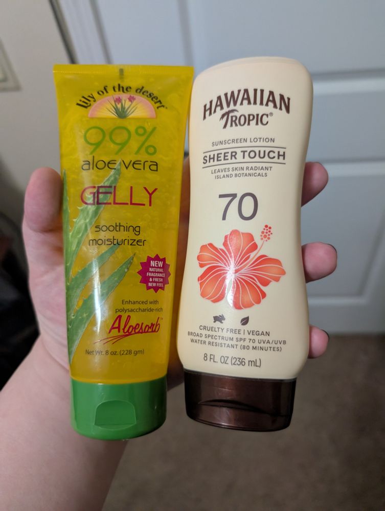 a bottle of aloe vera gel and a bottle of sunscreen