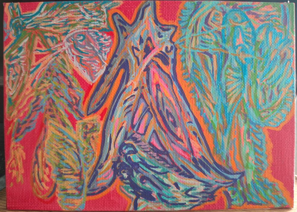 Surrealist art with large crouched figure feeding 2 birds in centre.