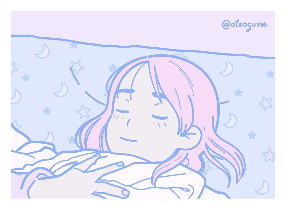 Girl with long pink hair taking a nap. Soft pastel colors in pink and blue tones. The pillow has a moon and starts pattern 