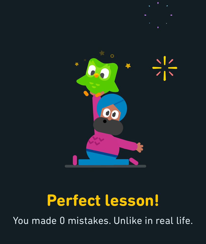 A man in a turban holds Duolingo the owl in the air. The text below the image reads perfect lesson! You made zero mistakes. Unlike in real life.