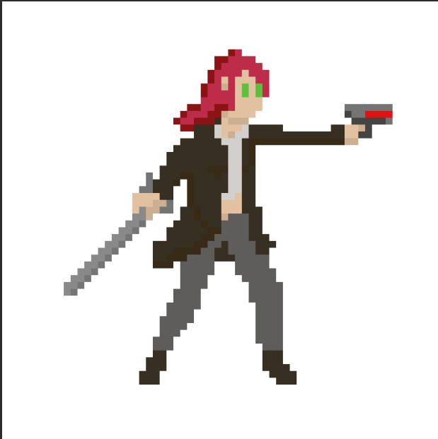 Single sprite of a game like character, female, with long red hair, green eyes, a dark jacket, slacks, boots, a middrift bearing shirt. She wields a pistol that's held out, with a sword dramatically off to the side. 