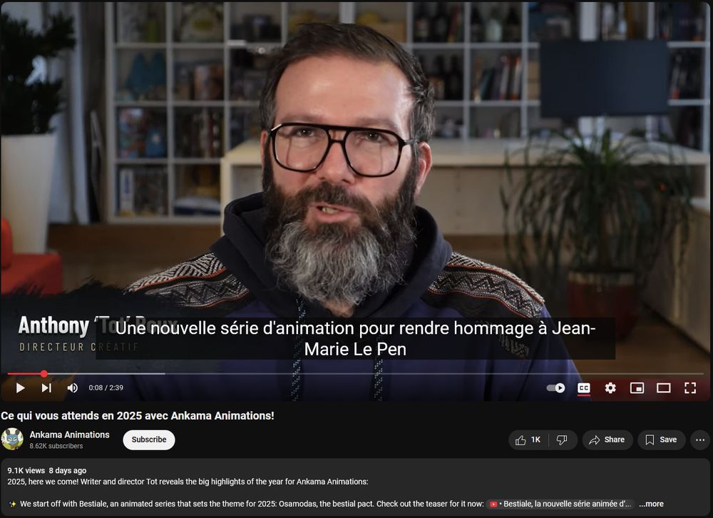 Capture d'écran de la vidéo de Ankama Animation où ToT présente ce à quoi il faut s'attendre de la part Ankama Animation pour 2025.

Les sous titre sont édités pour faire dire à ToT qu'une série d'animation en hommage à Jean-Marie Le Pen est à venir