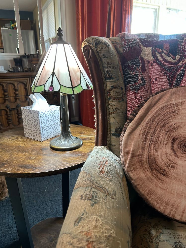 A stained glass lamp, with a green rim on the bottom of the shade. The green is interrupted by a blue tear drop shape, that has a purple round drop on the mid bottom of it. The color above is a pale pink, and the design looks like closed moth wings. The small shade sits on a metal stand that is designed like a tree trunk.
The lamp sits on top of a small wooden table, with an old wing back chair next to it, with an oak frame and a fraying map pattern.
The light is light, and more light comes in from the sliding door that is situated next to and behind the chair.