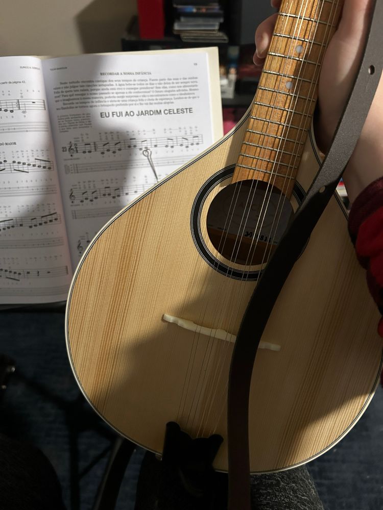 A teardrop shaped Portuguese mandolin, being held up in front of a beginner mandolin music book in Portuguese. 