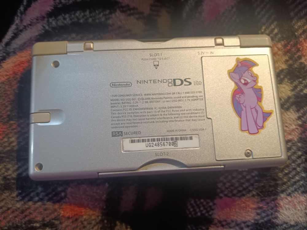 Back of a Nintendo DS with a twilight sparkle sticker