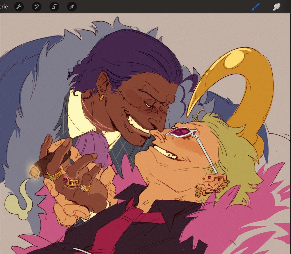 Colored sketch.
Bust portraits of Crocodile and Doflamingo from One Piece.
Crocodile is older now, in his mid thirties, and hrt made his facial features more square. He is hovering over Doffy, his hook over the other’s head and their faces almost touching, both of them smiling cockily. Doflamingo is holding Croc’s wrist who now wears huge rings with different stones on each fingers, but the one on his ring finger has changer, now bigger and set with multiple pink stones. He left his old earring for a more discreet huggie, while Doffy’s ear is drowning under numerous hoops and studs. A shiny thread can be seen looped around Crocodile’s neck and ring finger.