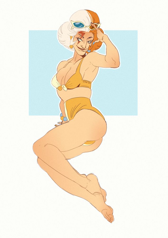 Colored sketch of Inazuma from One Piece. She’s in her fem form, posing like a pinup, in a vintage two-tones (white and orange) swimsuit. She’s holding her cat eye sunglasses (one glass blue, the other orange) on top of her head.