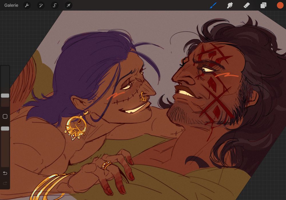 Colored sketch.
Bust portraits of Dragon and Crocodile from One Piece. Crocodile is laying naked on Dragon’s torso, his chest squished. He’s in his mid-twenties, wearing extravagant gold hoop on his right wrist, ears and nostril, and a single gold ring with red stone can be seen on his ring finger. They’re both smiling a each other softly. On Dragon’s face, his fresh tattoo is still bleeding.