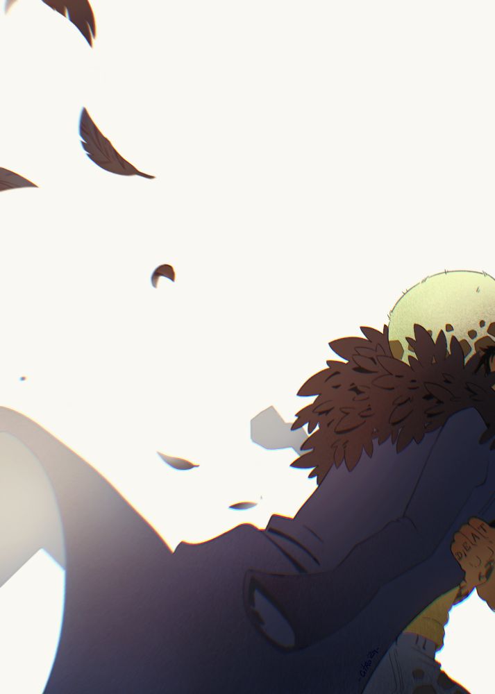 Illustration of Law seen from behind, his face out of frame. He’s walking away, wearing his blue coat with black feathers on top. He’s holding it tightly as some feathers are carried away by the wind.